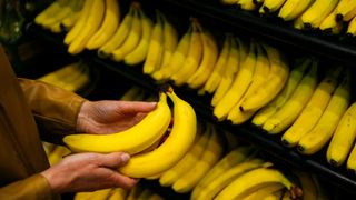 Bananas on a supermarket shelf