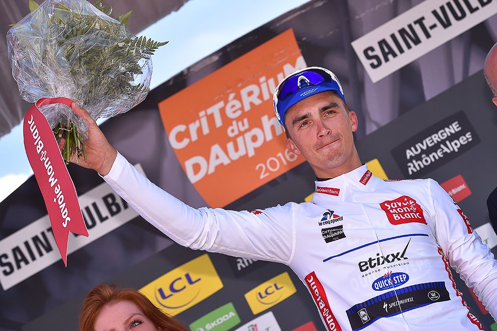 Julian Alaphilippe in the white jersey after stage 1 at Criterium du Dauphine