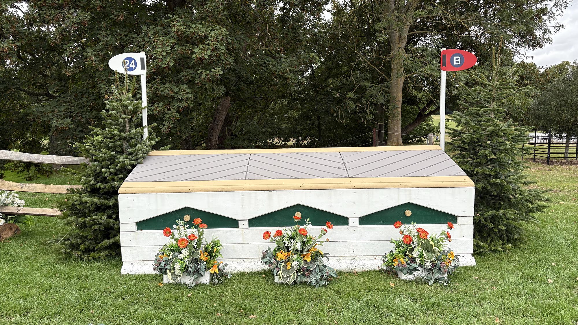 Grey house fence on the Burghley cross-country course 2026