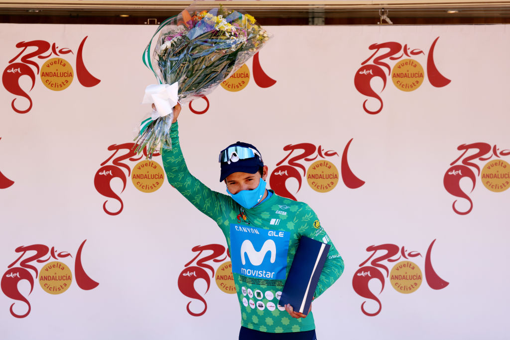 VILLARRODRIGO SPAIN MAY 20 Miguel Angel Lpez Moreno of Colombia and Movistar Team Green Points Jersey celebrates at podium during the 67th Vuelta A Andalucia Ruta Del Sol 2021 Stage 3 a 17510km stage from Beas De Segura to Villarrodrigo 1151m VCANDALUCIA on May 20 2021 in Villarrodrigo Spain Photo by Gonzalo Arroyo MorenoGetty Images