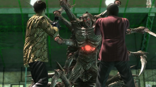 Majima and Akiyama stare down a monster