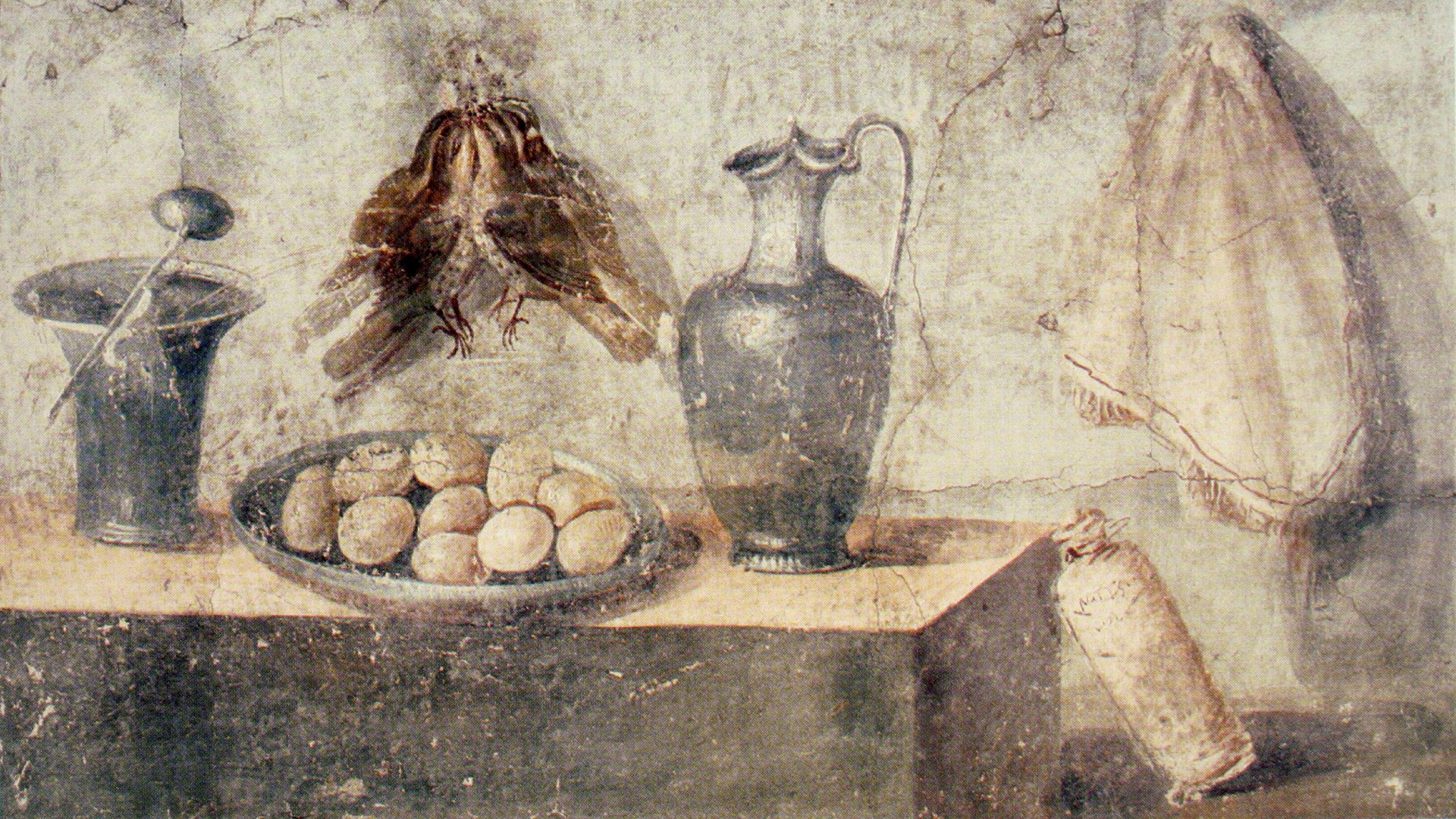 Roman fresco showing eggs, jug, and birds hung on the wall