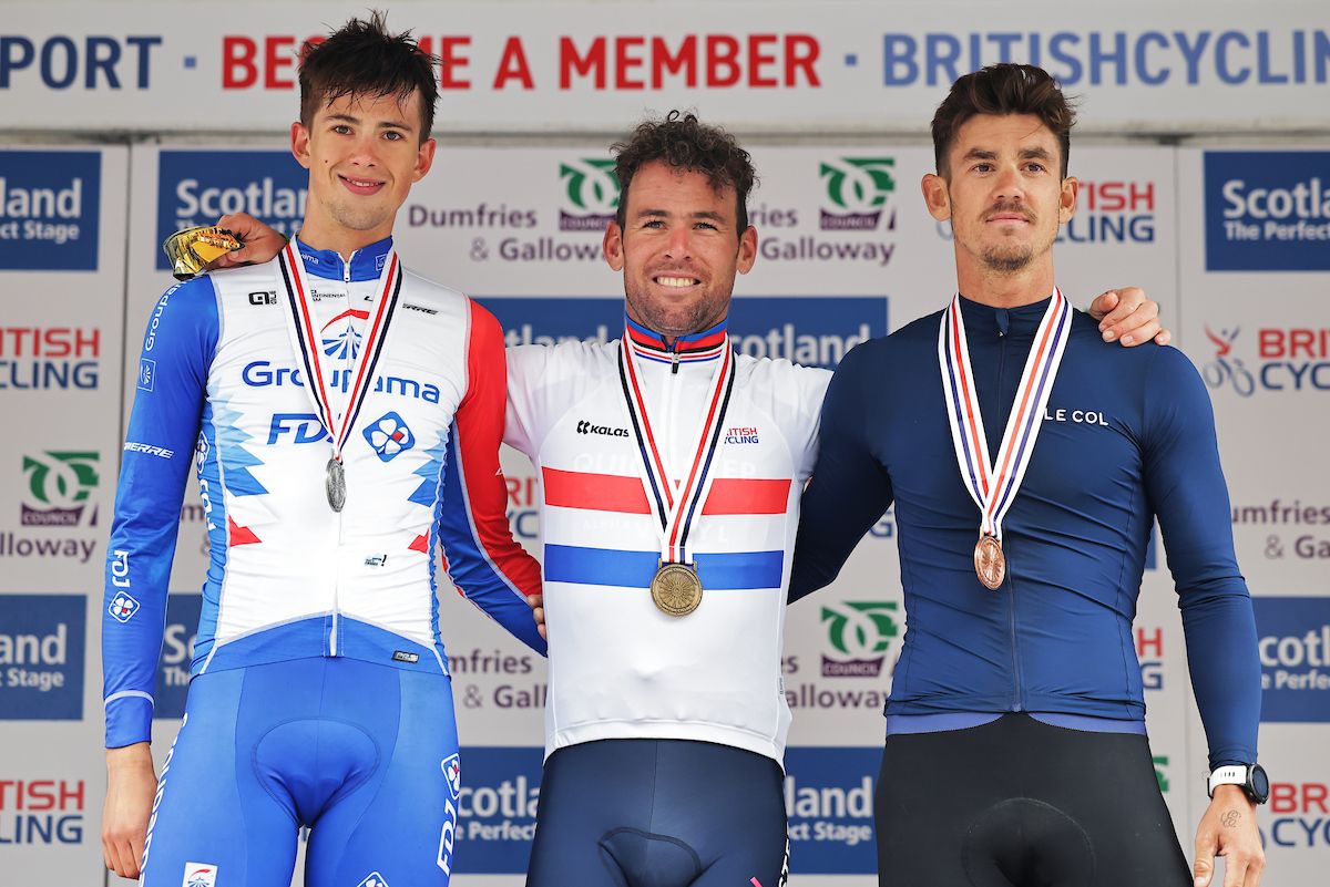 Picture by Alex WhiteheadSWpixcom 26062022 British Cycling National Road Championships Castle Douglas Dumfries and Galloway Scotland Mark Cavendish of QuickStep Alpha Vinyl Team celebrates winning the Elite Mens Road Race