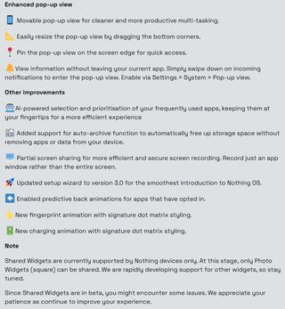 The changelog for the Nothing Phone 2's Android 15 open beta.