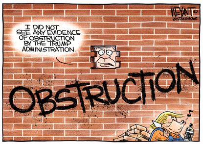 Political Cartoon U.S. Trump Barr obstruction wall