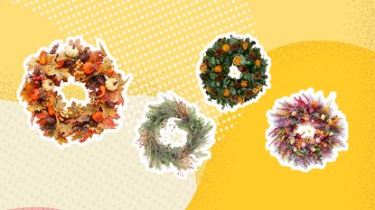 Autumn wreath graphic with four different wreaths on 