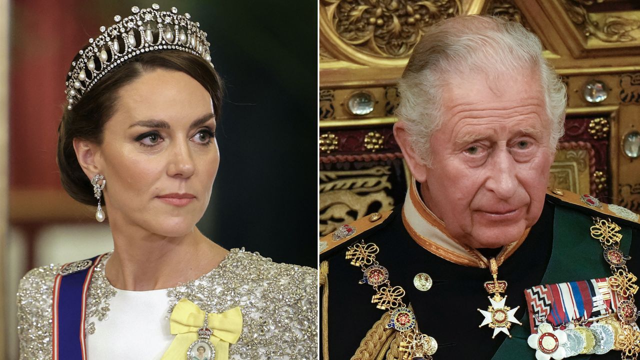 Kate Middleton wears a tiara and looks pensive while King Charles sits on a gold throne looking scared