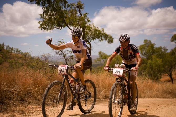 Belgian Liesbeth Hessens - strongest women in the field racing well mid-field. Pictured with M3 racer Daniele Bertozzi of Italy