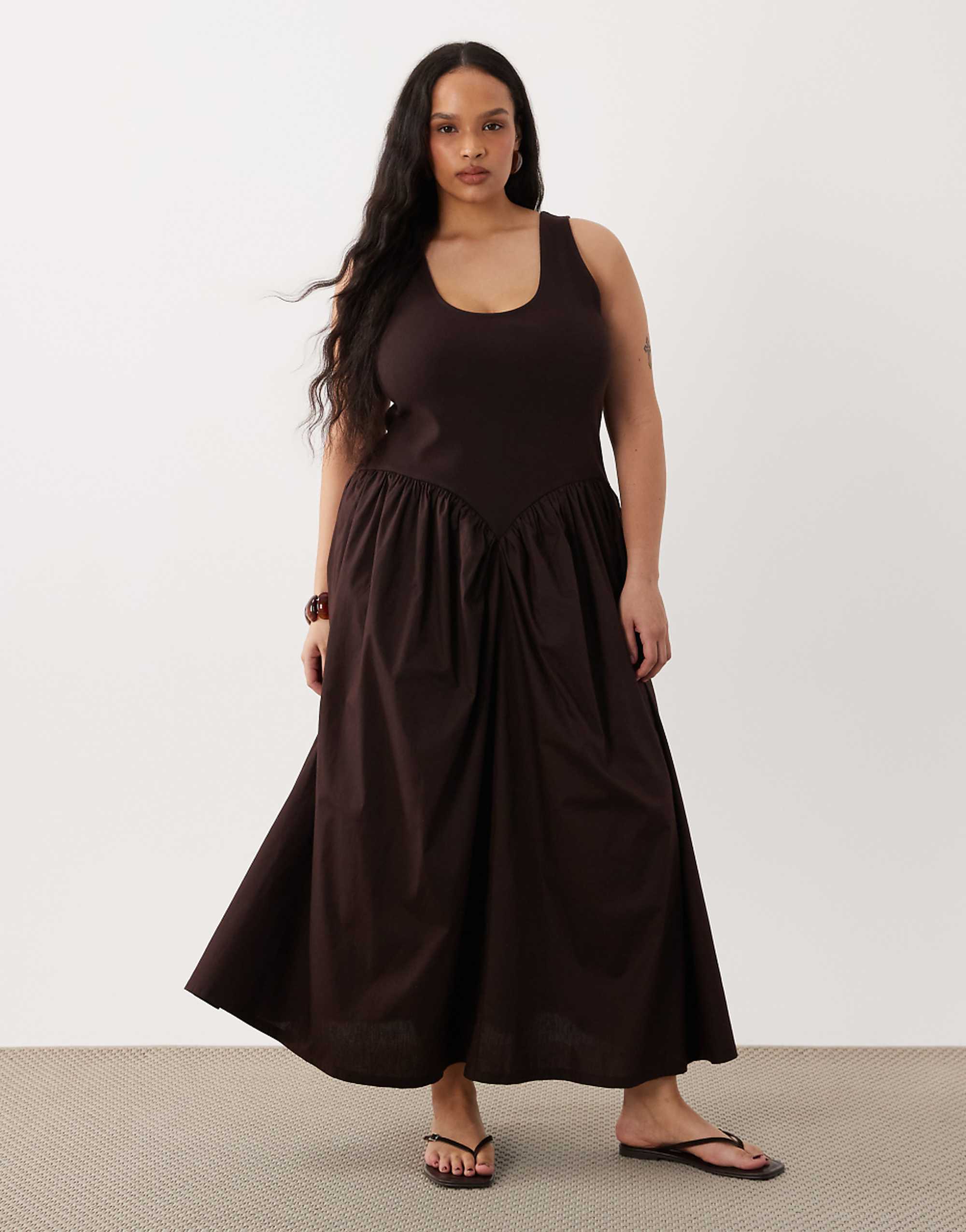 Asos Design Curve Basque Waist Midi Dress With Woven Skirt