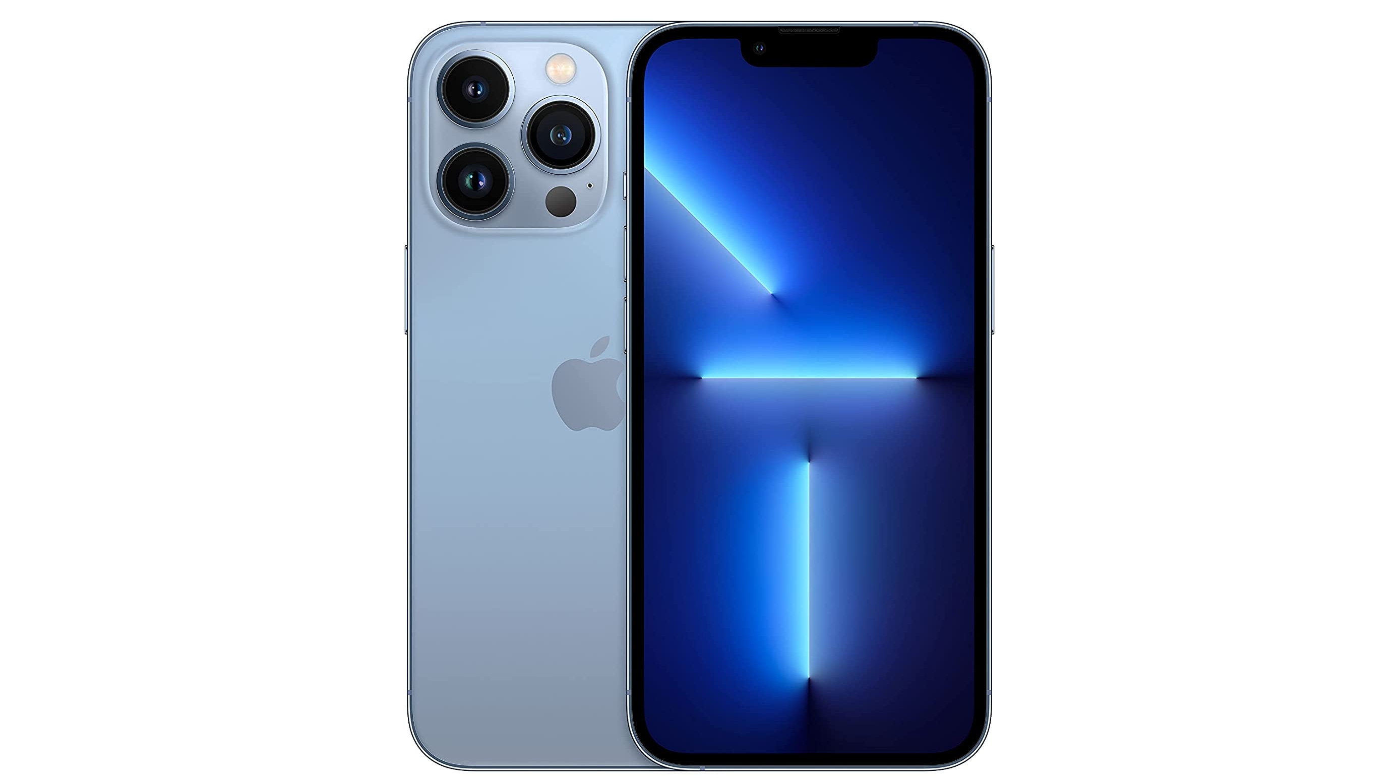 An iPhone 13 Pro in blue, against a white background