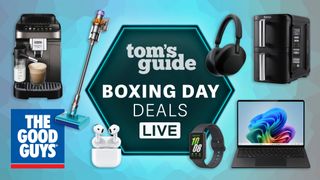 Tom's Guide Boxing Day deals live logo accompanied by The Good Guys logo and various products