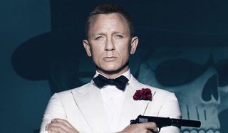 Spectre Daniel Craig in a white tuxedo in front of a skeleton