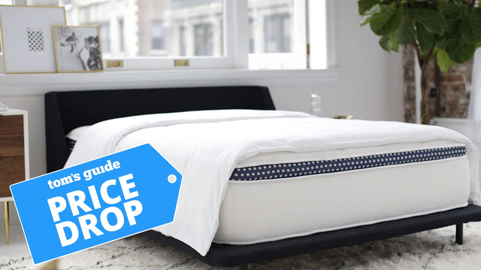 The WinkBed mattress in a light and airy bedroom with a Tom&#039;s Guide &#039;price drop&#039; badge on it to show the latest mattress sales