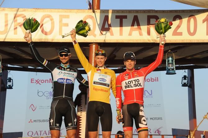 The final 2014 Tour of Qatar podium: Tom Boonen, Niki Terpstra and J&uuml;rgen Roelandts