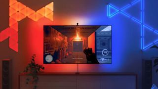 Nanoleaf 4D smart lights behind a TV screen