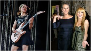 Meg Mills playing guitar placed next to a photo of Jamie Lee Curtis and Lindsay Lohan smiling