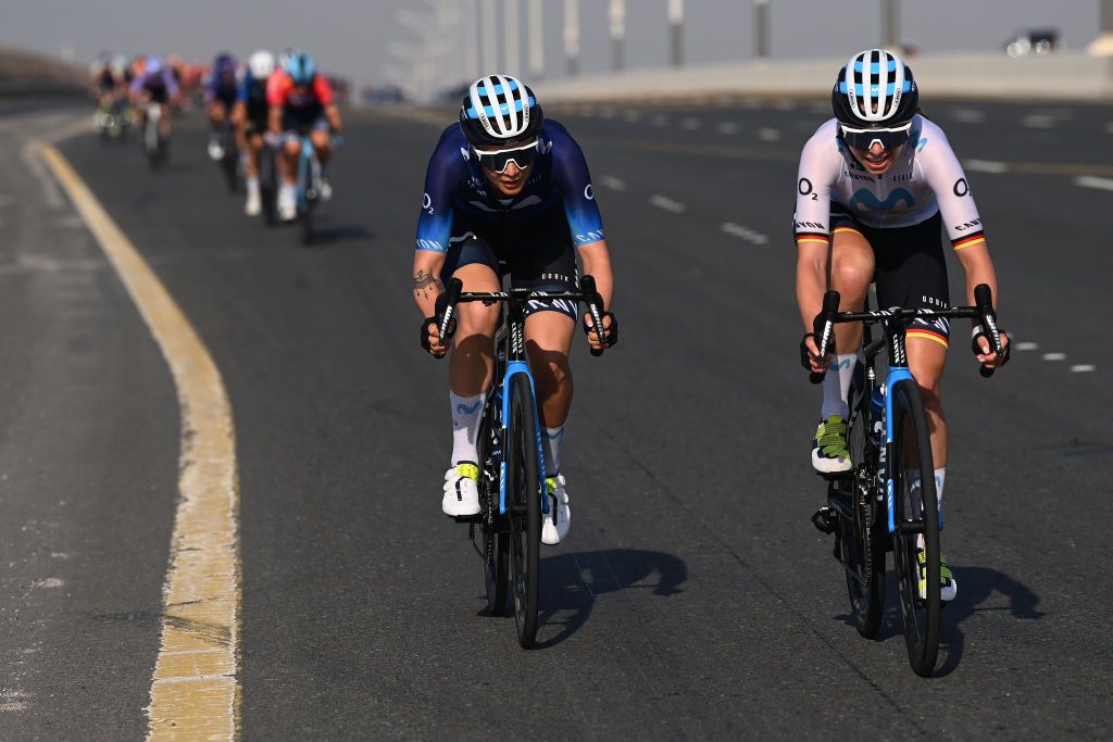 ABU DHABI UNITED ARAB EMIRATES FEBRUARY 12 LR Emma Cecilie Norsgaard Bjerg of Denmark and Liane Lippert of Germany and Movistar Team attack in the breakaway during the 1st UAE Tour Women 2023 Stage 4 a 119km stage from Fatima Bint Mubarak Ladies Sports Academy to Abu Dhabi Breakwater UAETourWomen UCIWWT on February 12 2023 in Abu Dhabi United Arab Emirates Photo by Tim de WaeleGetty Images