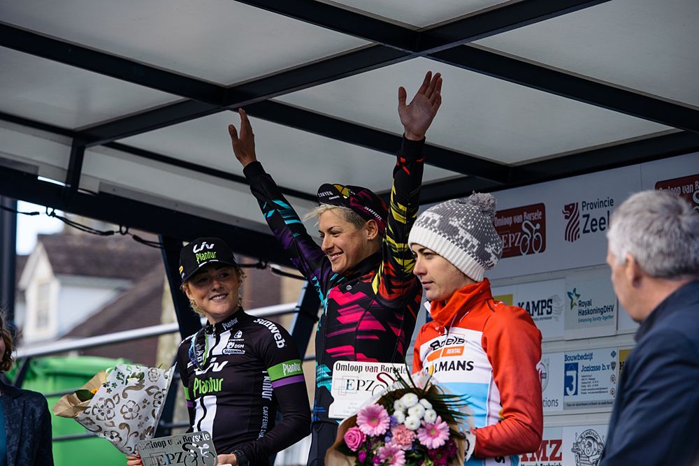 Top three: Barbara Guarischi, Floortje Mackaij and Christine Majerus at Omloop van Borsele 2016