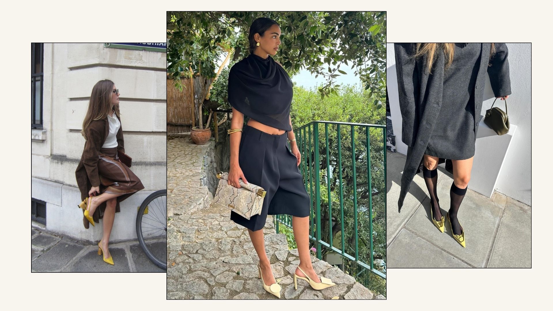 Influencer wears yellow heels.
