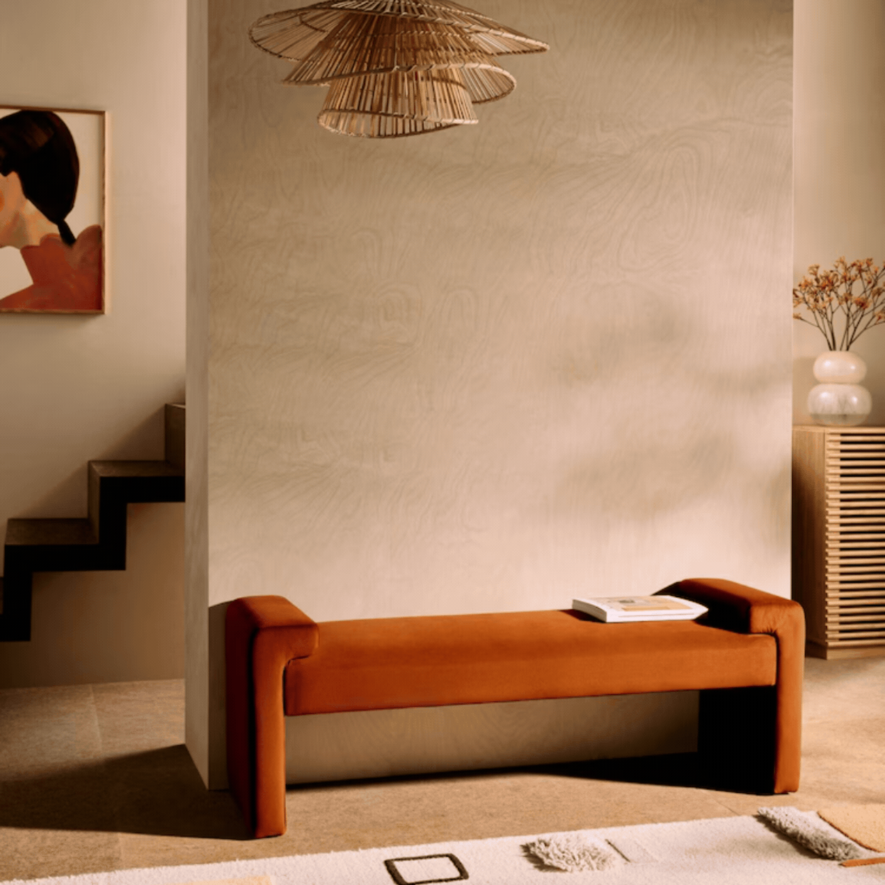 MADE Brixton Bench in Cinnamon Orange Velvet in a rotating gif.