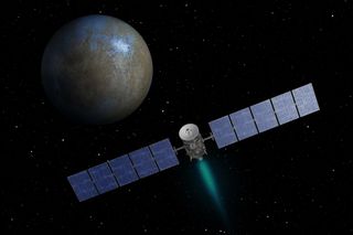 Artist's concept of NASA's Dawn spacecraft at the dwarf planet Ceres.
