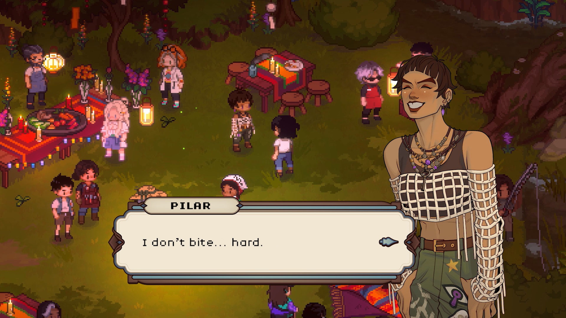 Grave Seasons screenshot of Pilar, a character with short hair, greeting the protagonist and telling them they "don't bite... hard"