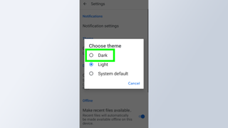 How to get dark mode in Google Docs - a screenshot of the "choose theme" menu in Google Docs with "dark" selected