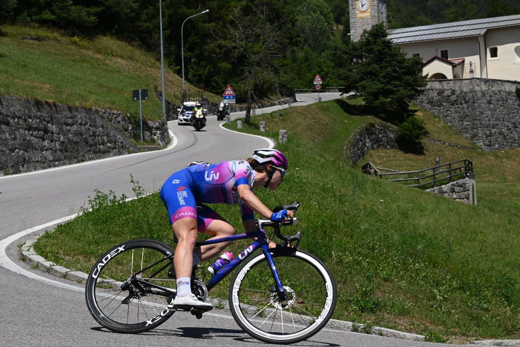 SAN LORENZO DORSINO ITALY JULY 09 Kristen Faulkner of United States and Team BikeExchange Jayco competes during the 33rd Giro dItalia Donne 2022 Stage 9 a 1128km stage from San Michele AllAdige to San Lorenzo Dorsino 727m GiroDonne UCIWWT on July 09 2022 in San Lorenzo Dorsino Italy Photo by Dario BelingheriGetty Images