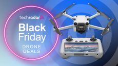 DJI Mini 3 Pro on a blue background and next to Black Friday deals graphics