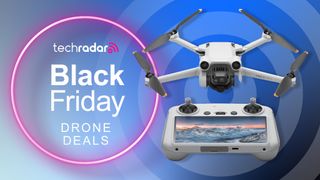 DJI Mini 3 Pro on a blue background and next to Black Friday deals graphics