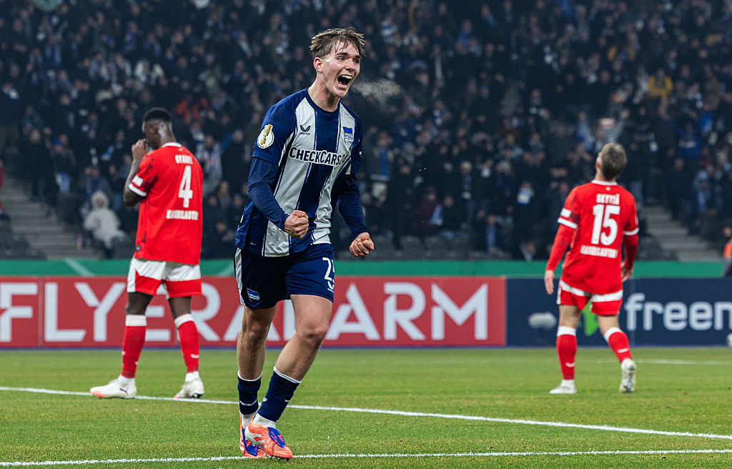 BERLIN, GERMANY - DECEMBER 02: Kennet Eichhorn of Hertha BSC celebrates after scoring his team&amp;amp;apos;s third goal during the DFB Cup round of 16 match between Hertha BSC and 1. FC Kaiserslautern at Olympiastadion on December 02, 2025 in Berlin, Germany. (Photo by Boris Streubel/Getty Images)