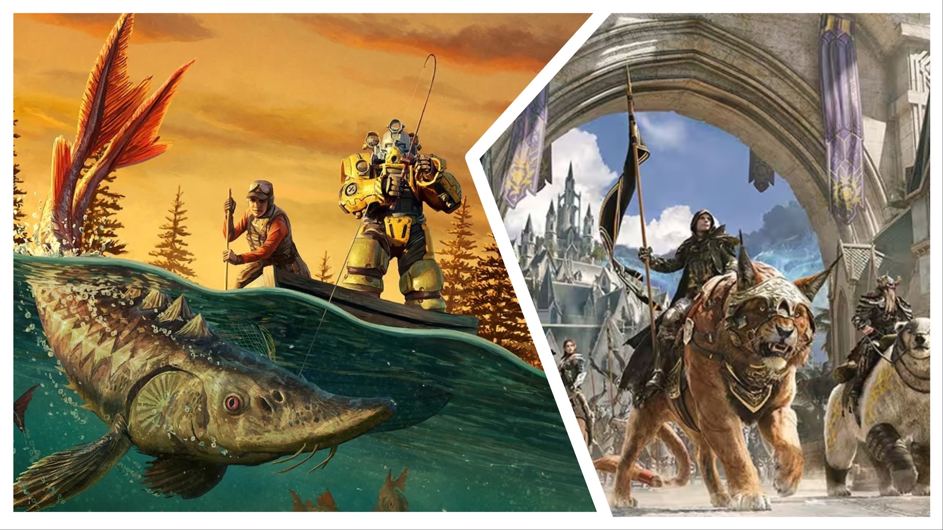 Fishing in Fallout 76 on the left and a warrior on a mount in Elder Scrolls Online