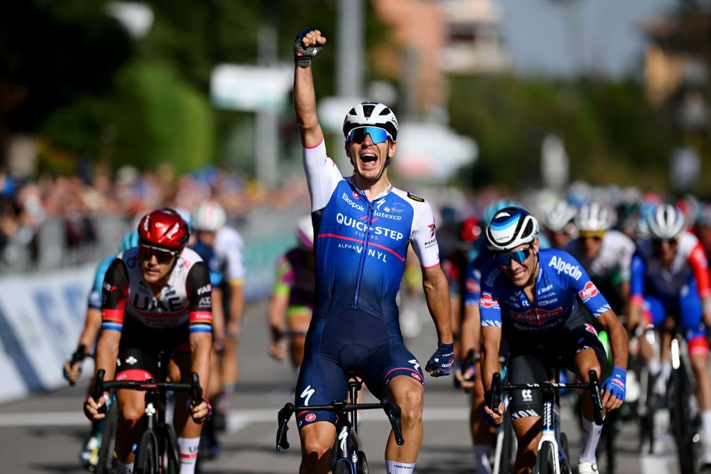 LEGNANO ITALY OCTOBER 03 Davide Ballerini of Italy and Team QuickStep Alpha Vinyl celebrates winning during the 103rd Coppa Bernocchi GP BPM 2022 a 1907km one day race from Legnano to Legnano CoppaBernocchi on October 03 2022 in Legnano Italy Photo by Dario BelingheriGetty Images