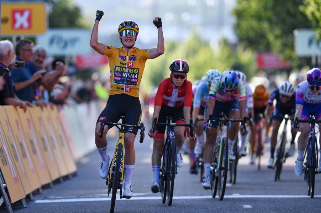 SARPSBORG NORWAY AUGUST 11 Marianne Vos of Netherlands and Jumbo Visma Team Yellow Leader Jersey celebrates at finish line as stage winner during the 8th Tour of Scandinavia 2022 Battle Of The North Stage 3 a 1189km stage from Moss to Sarpsborg UCIWWT tourofscandinavia TOSC22 on August 11 2022 in Sarpsborg Norway Photo by Luc ClaessenGetty Images