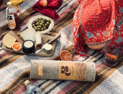 A lifestyle image of Bill Amberg's new felt case for a vodka bottle at a picnic