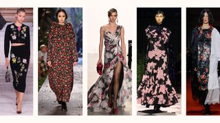 5 models on the runway wearing the winter floral dress trend
