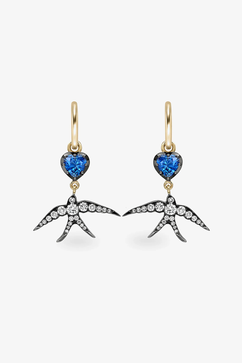 Hello Sailor Heart-Shaped Sapphire &amp;amp; Swallow Gypset Hoop Earrings