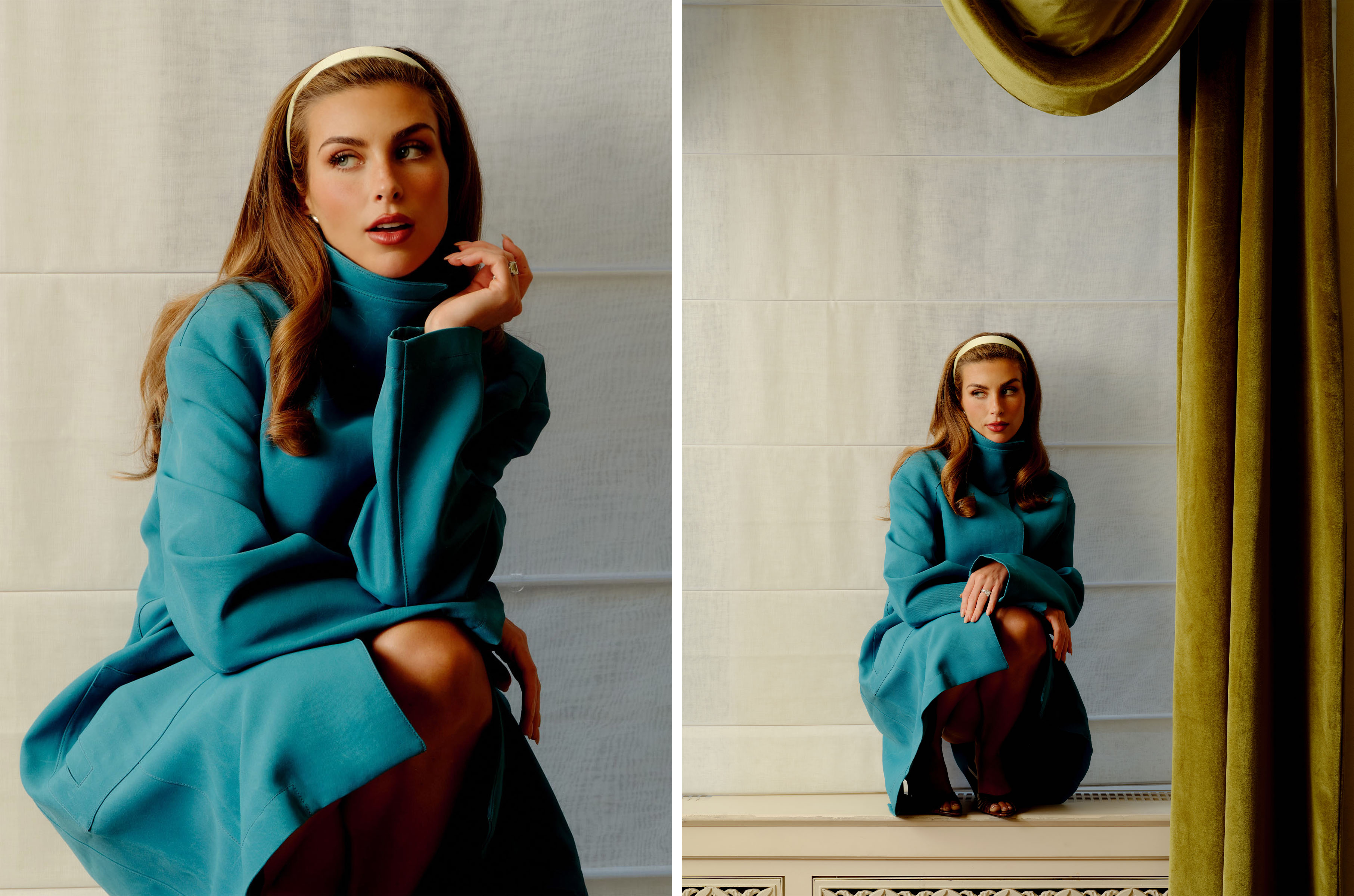 Paige Paul wearing a long blue coat.
