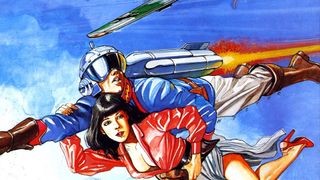 Rocket Ranger flies through the air with Jane, on the cover of the Rocket Ranger comic
