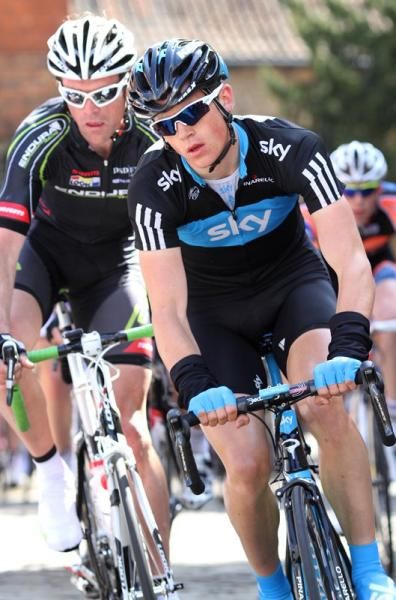 Ben Swift (Team Sky) leads Rob Hayles (Endura) on the climb.