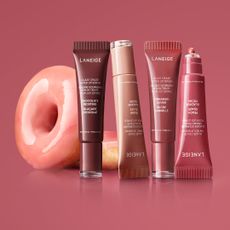 all four shades of the Laneige glaze craze tinted lip serum with pink glaze donuts against dark pink background