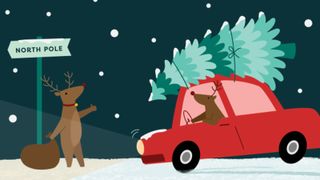 an image of the Amazon gift card cover featuring two reindeers driving a red car in the North Pole, one of w&h's picks for Christmas gifts for kids