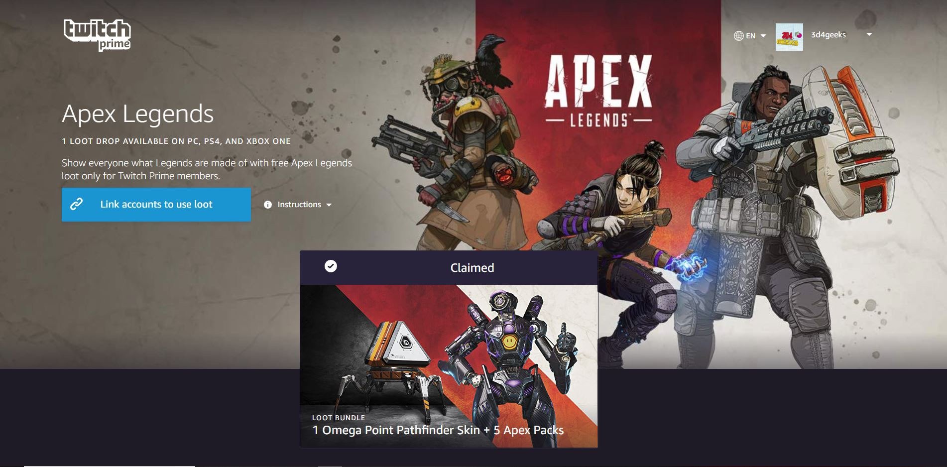 Twitch Prime members get 5 free Apex Legends packs and legendary skin |