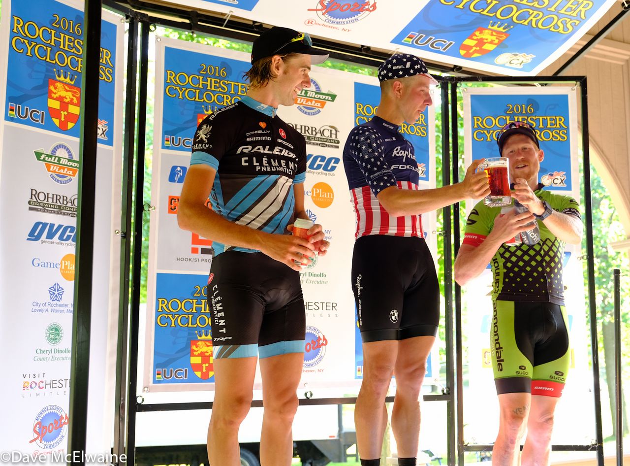 Men's Podium (L to R) Jamie Driscoll (Raleigh Clement) 2nd, Jeremy Powers (Aspire Racing) 1st, Stephen Hyde (Cannondale p/b Cyclocrossworld.com)