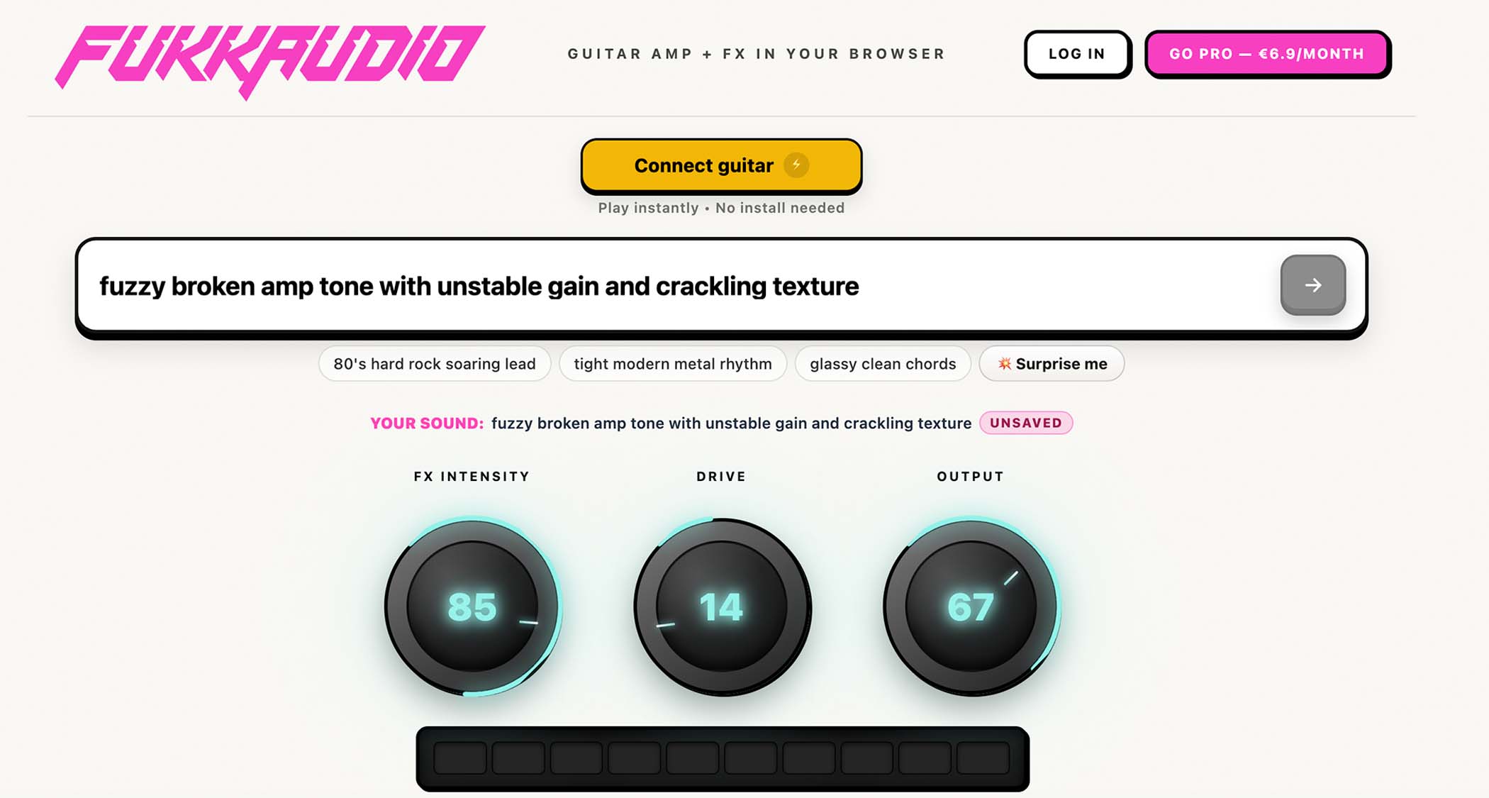 A screenshot of the Fukkaudio home page, where guitarists can type in a text prompt, and dial in a tone via the web app. 