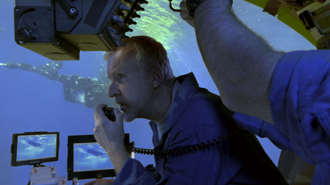 Director/Producer James Cameron heads deep into the ocean during filming of Aliens of the Deep.