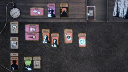 Hillthorn screenshot showing several clue cards laid out with a stopwatch in the top-left corner