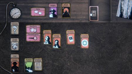 Hillthorn screenshot showing several clue cards laid out with a stopwatch in the top-left corner