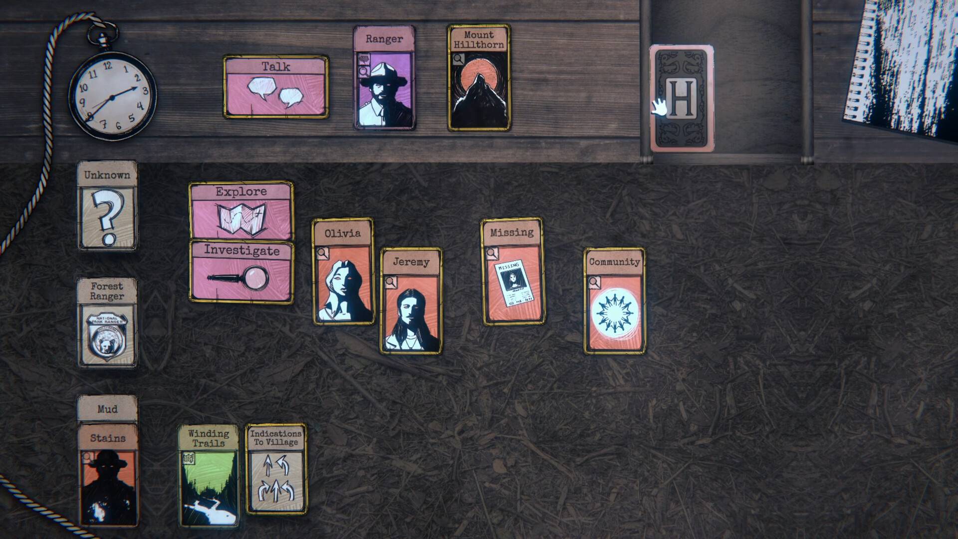 Hillthorn screenshot showing several clue cards laid out with a stopwatch in the top-left corner