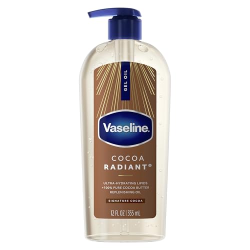 Vaseline Cocoa Radiant Body Gel Oil for Glowing Skin With Cocoa Butter 12oz | Body Moisturizer for Dry Skin, With 100% Pure Cocoa Butter for a Healthy Glow in a Convenient Pump Bottle, Intensive Care